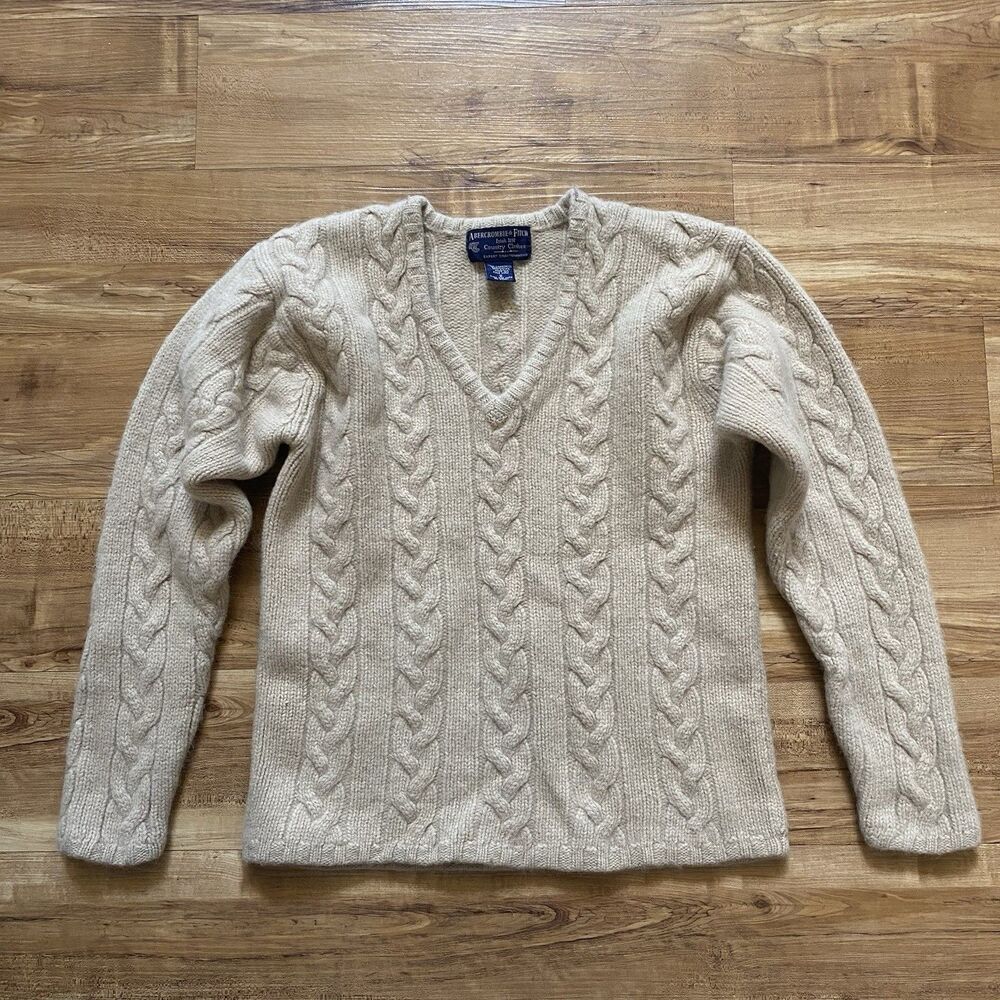 VTG 80s A&F Country Clothes Small Tan Lambswool Blend V-Neck Cable-knit Sweater
